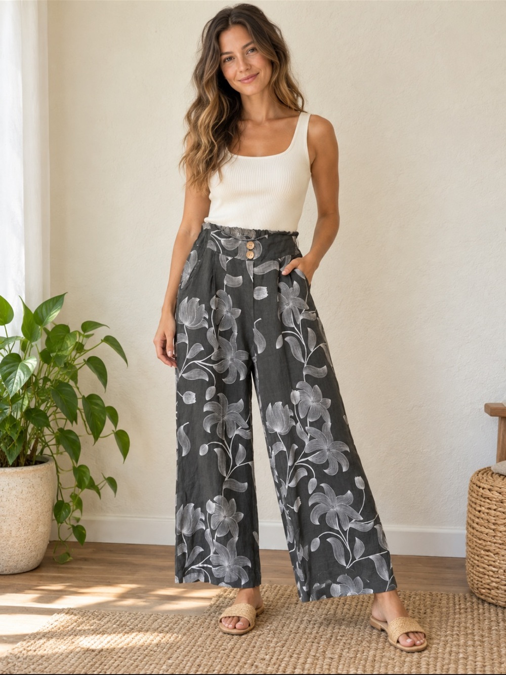Bella Amore Charcoal Wide-Leg Floral Print Pants 100% Linen Artsy Slacks